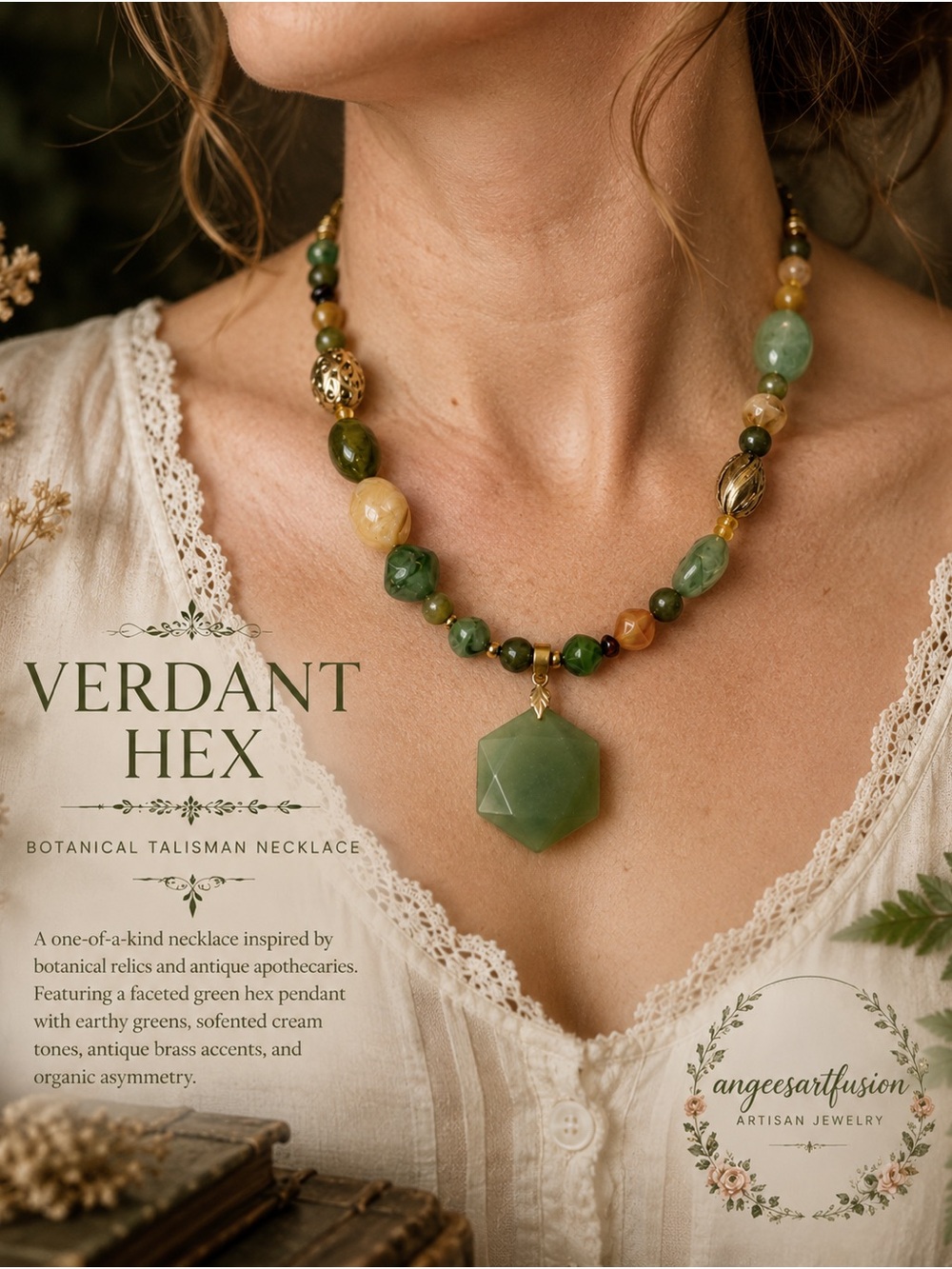 “Verdant Hex”-Green Aventurine Gemstone,Mossy Green Stones,Vintage Acrylic,Amber - Picture 7 of 7